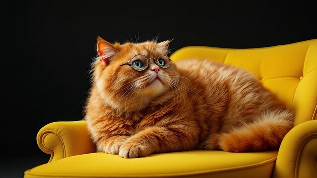 Intellectual Fluffy Orange Cat Wearing Round Glasses on Yellow Sofa