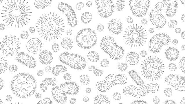Black and white pattern featuring various types of bacteria and microorganisms for science and biology education concepts.