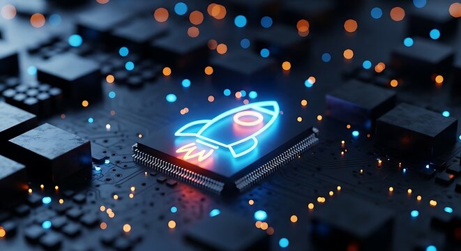 Glowing rocket icon on a computer chip, symbolizing innovation and tech startup concepts
