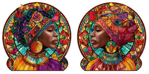 Fototapeta premium Two Black women in profile, adorned in vibrant, colorful headwraps and ornate jewelry, framed by intricate stained glass art nouveau designs Concept of heritage, beauty, and cultural expression