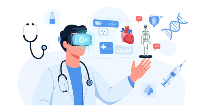 Doctor in VR Headset Interacting with Digital Medical Data: Future of Healthcare & Remote Diagnosis