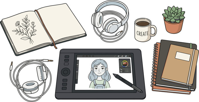 Creative designer workspace with drawing tablet headphones notebooks coffee mug and plant flat vector illustration digital art workstation concept for artists