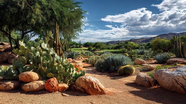 Desert cactus garden landscape with rocks and succulents