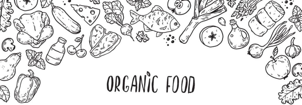 Organic food sketch doodles . Whimsical food doodles, Hand drawn vector illustration for menu, packaging design. Food quirky icons, simple sketch style. Top view. Simply fun