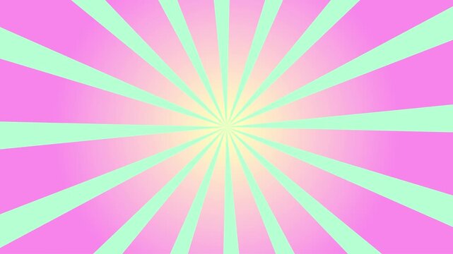 Abstract rotating radial green rays animation on soft pink yellow gradient background. Sunburst beams spinning in circular motion. Seamless loop motion background. Party visual, club screens, event