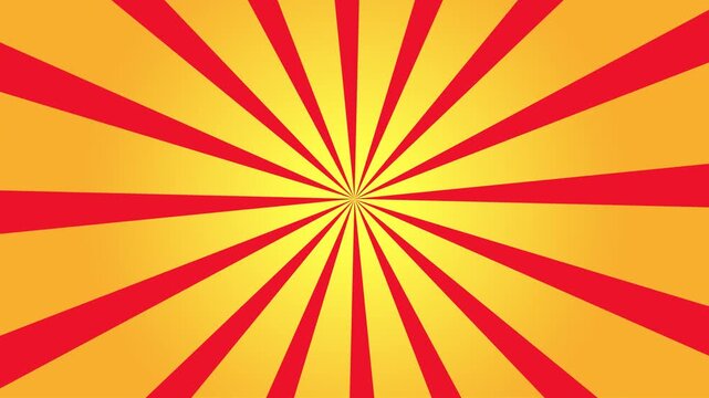 Abstract rotating radial red rays animation on vibrant orange yellow gradient background. Sunburst beams spinning in circular motion. Seamless loop motion background. Party visual, club screens, event