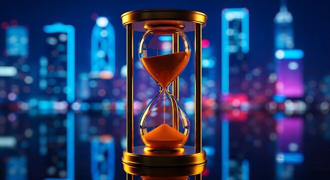 Golden hourglass with falling sand against a blurred, vibrant cityscape background