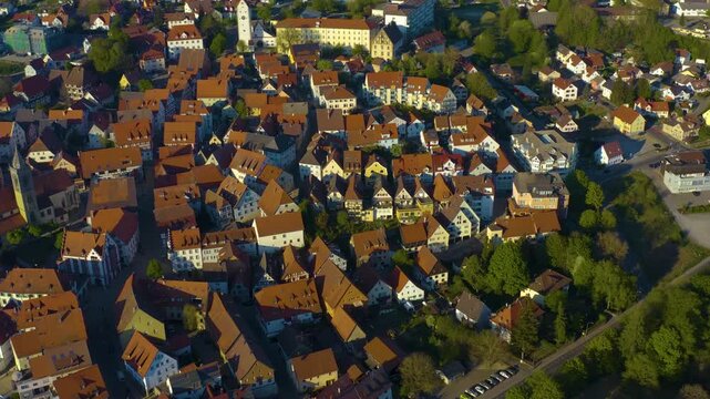 Aerial view of the city and old town in Pfullendorf in south Germany on a sunny afternoon in Spring 