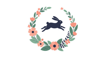 Obraz premium Elegant silhouette of a rabbit leaping through a circular wreath made of beautiful peach flowers and green leaves on white.