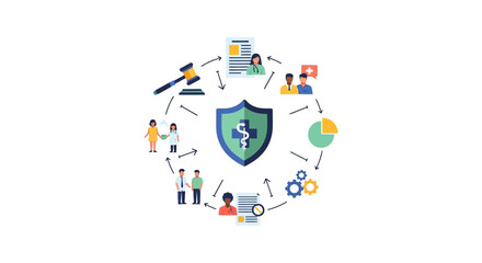 Fototapeta premium Healthcare System Ecosystem: Integrated Medical Services, Policy, Patient Care, Data, & Legal Compliance