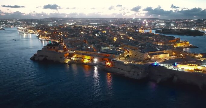 Aerial view of amazing Valletta city at night. Malta island