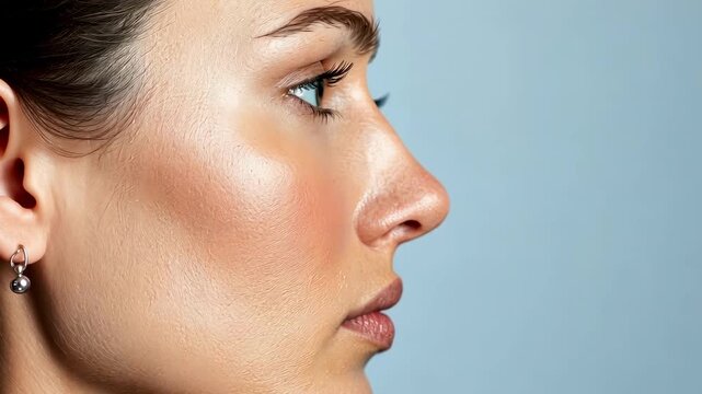 Profile of a beautiful young caucasian woman showing her perfect nose after rhinoplasty surgery, concept of cosmetology and beauty treatment