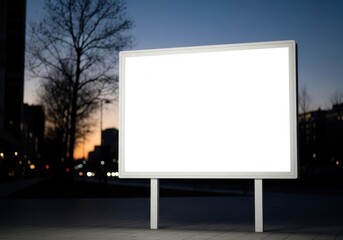 Fototapeta premium Empty billboard standing in front of a cityscape during twilight hours