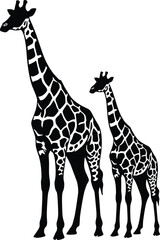 Naklejka premium Two giraffes standing side by side in stylized black and white design, symbolizing family, growth, nature, wildlife, harmony, and balance.