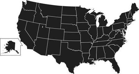 Black silhouette vector map of United States with state borders outlined, including Alaska inset, educational geography illustration design © Rebeka