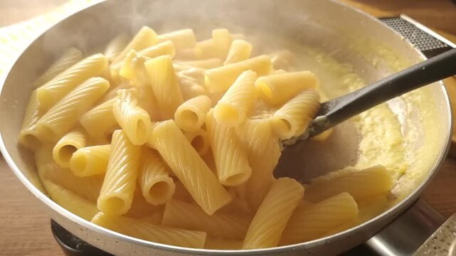 cooking pasta with cheese sauce, in a frying pan, natural light, homemade, no people,