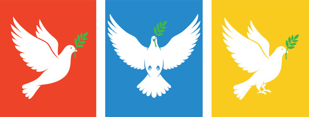 Fototapeta premium Peace doves vector illustration with olive branches in flight against red, blue, and yellow backgrounds symbolizing harmony and unity design
