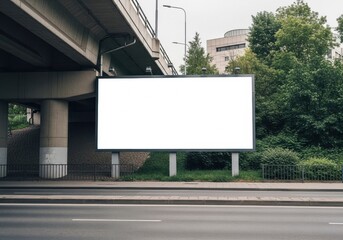 Fototapeta premium Urban billboard under an elevated highway in a green neighborhood setting.