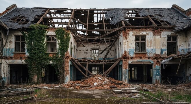 Crumbled ruins of a derelict building with rubble and weathered facade.