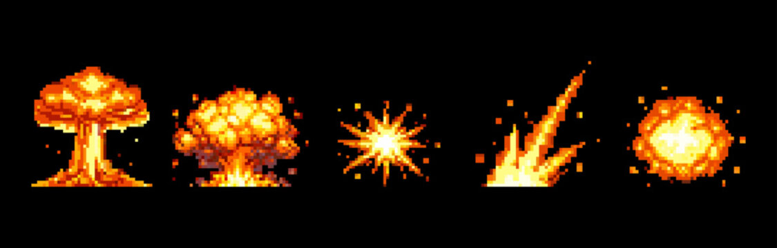 Pixel art explosion effects collection with fire blasts for retro video game design