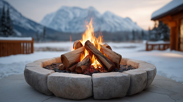 Campfire burning in stone fire pit on snowy outdoor patio. Cozy winter evening at mountain lodge with view of snow capped peaks. Relaxation, warmth and travel getaway concept.