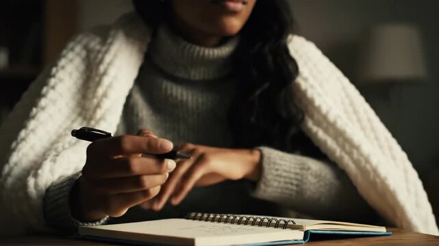 Woman writing indoors with cozy.