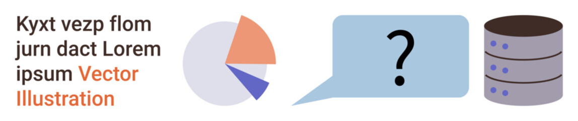 Data science, analytics, database management, information technology, decision-making, problem-solving. Pie chart, speech bubble with question mark and database icon. Data science and analytics © robu_s