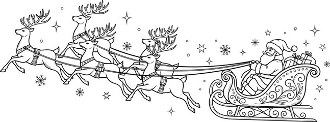 Christmas coloring page vector of Santa Claus in sleigh pulled by flying reindeer with stars and snowflakes in sky © Vector Design Hub