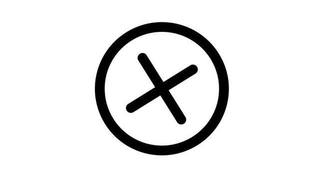 Black circle with cross symbol, rejection icon, white background animated icon