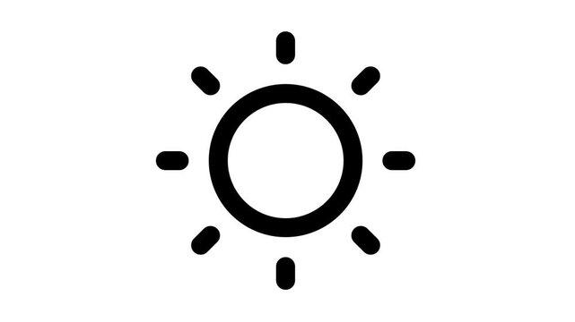 Simple black sun icon on white background, symbolizing warmth and sunshine animated icon