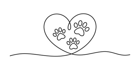 A continuous line drawing of a heart shape with three paw prints inside, symbolizing pet love Vector, illustration © Single Line Art