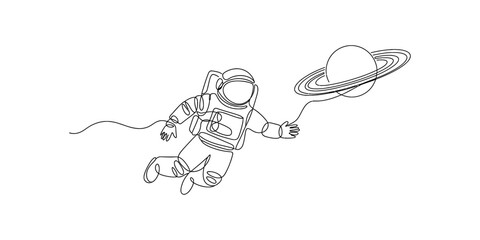 Continuous line drawing of an astronaut floating in space holding a string attached to saturn Vector, illustration © Single Line Art