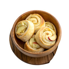 Apple custard rolls in wooden bowl isolated on transparent background