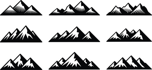 Collection of stylized mountain range silhouettes, dramatic black and white vector illustrations for adventure, travel, and nature themes. © Nahidaakther
