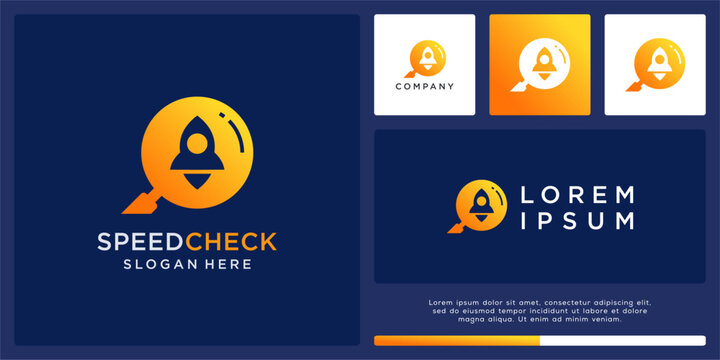 Speed check logo design with magnifying and rocket