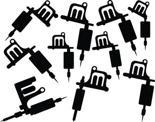 Obraz premium Black tattoo machine silhouette set, tattoo gun icons collection, body art equipment illustration, isolated vector design for studio branding symbol