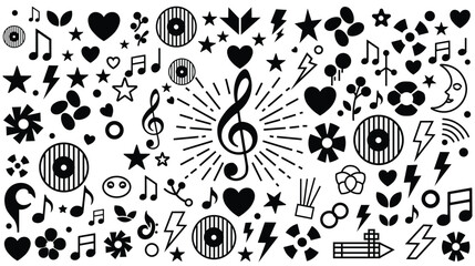 A collection of various music and art symbols in black on isolated with hearts stars flowers notes © Momin CreativeStudio