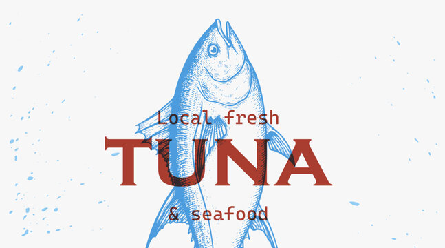 Vector banner with hand drawn sketch tuna. Seafood, marine animal and ocean life. Best of logo, menu, label for restaurant, fish market, store. Vector illustration.