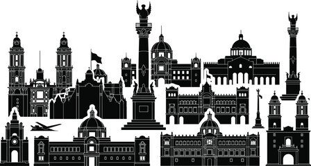 Obraz premium Mexico City landmarks skyline silhouette, famous Mexican monuments collection, Angel of Independence cathedral architecture, historic travel destination illustration, urban tourism vector design