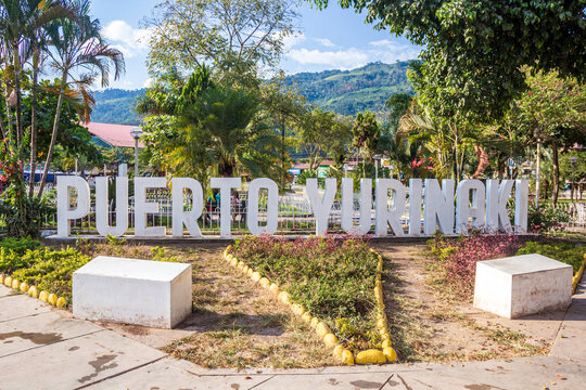 Puerto Yurinaki sign at Main Square, Perene District - Chanchamayo, Junin, Peru