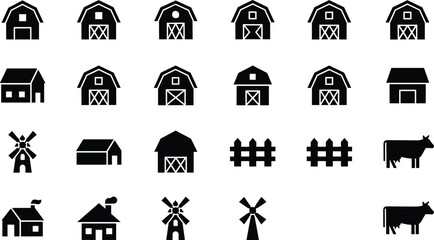 Farm silhouette icons, barn house symbols, windmill fence graphics, cow animal illustration, agriculture design elements, rural farming concept collection © Nurjahan