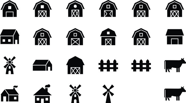 Farm silhouette icons, barn house symbols, windmill fence graphics, cow animal illustration, agriculture design elements, rural farming concept collection