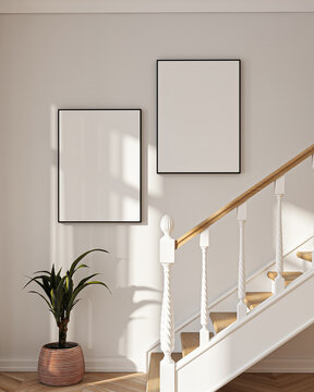 Modern Living Room Poster Frame Mockup with Natural Light and Minimalist Decoration. 3D render.