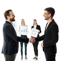 Fototapeta premium Two businessmen shaking hands in a professional setting with colleagues in the background