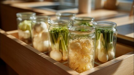 Kitchen drawer organization system with labeled containers holding saved onion ends, celery tops, and herb stems for stock creation, methodical zero waste ingredient management, ideal for kitchen