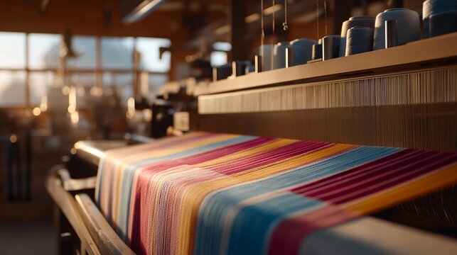 Textile weaver operating computerized jacquard loom, colorful threads creating intricate patterns as automated shuttle moves across sustainable fabric production workspace, ideal for fashion