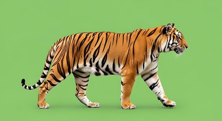 Obraz premium Majestic tiger, side view, walking on a pastel green background, full body, detail