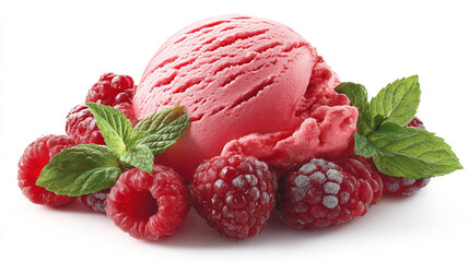 Delicious scoop of raspberry ice cream surrounded by fresh berries and mint leaves