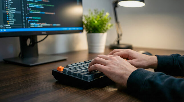 Programmer typing code on keyboard at desk, home office