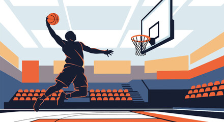 Modern vector illustration of basketball player performing powerful slam dunk in indoor arena, dynamic sports competition concept with clean flat design © Amie